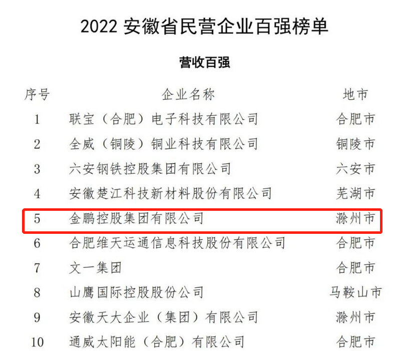 2022安徽省民营企业百强榜单